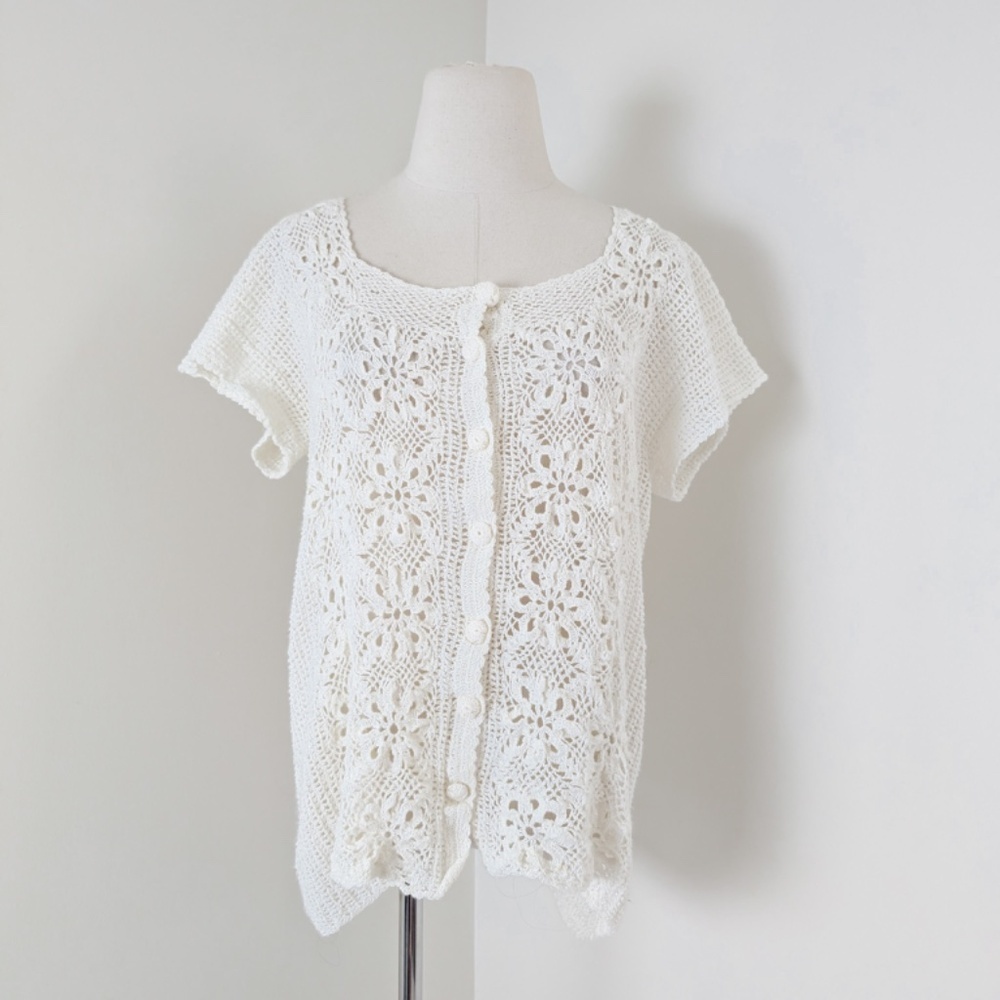 Vintage Crochet Button Down Cardigan Short Sleeve Size Medium - Picture 6 of 10